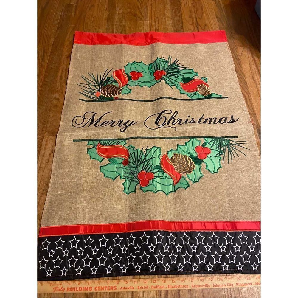 Large thick Merry Christmas burlap flag‎ stars stripes full sized 27x40”